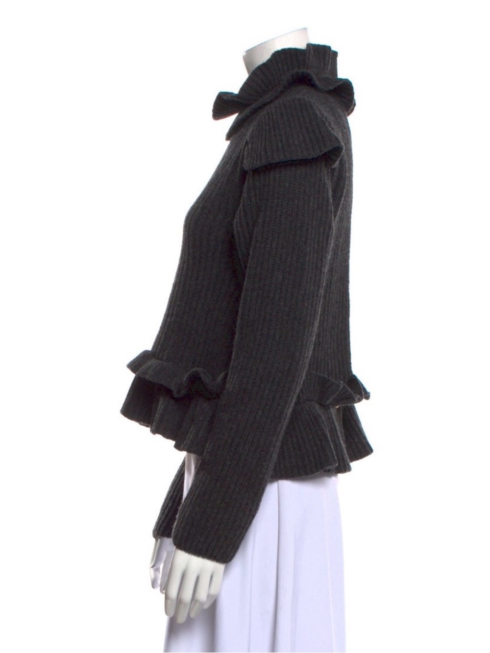 Ganni Gray Ruffled Rib-Knit Turtleneck Sweater - Picture 2 of 3